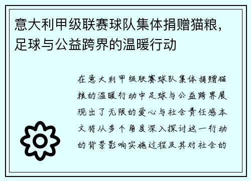 意大利甲级联赛球队集体捐赠猫粮,足球与公益跨界的温暖行动